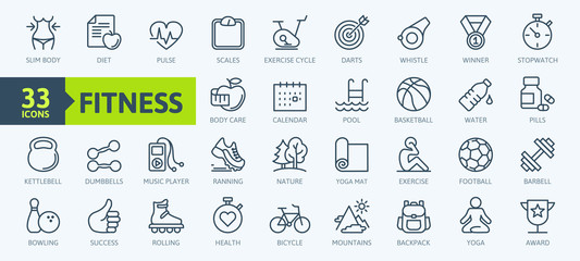 Fototapeta Sport and fitness - minimal thin line web icon set. Outline icons collection. Simple vector illustration. obraz