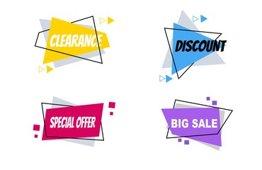 Flat linear promotion ribbon banners, price tags, stickers, badges, posters. Vector illustration.