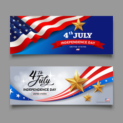 Happy independence day flag of america vector, and golds stars banners collections design background, illustration