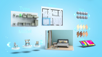modern concept for quickly creating interior design room design constructor 3d render image on blue gradient