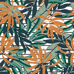 Abstract tropical seamless pattern with colorful leaves and plants and beautiful background. Summer colorful hawaiian seamless pattern with tropical plants. Hawaiian style. Exotic jungle wallpaper.