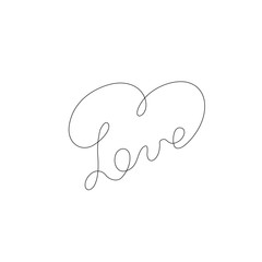 Love inscription in heart continuous line drawing, small tattoo, print for clothes and logo design, one single line on a white background, isolated vector. Hand lettering on Valentine's Day.