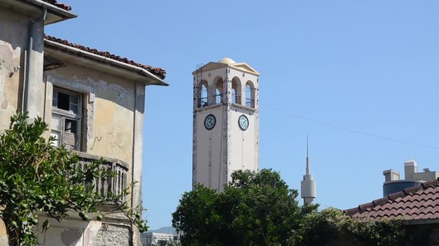 Fortress, Castle, old Ottoman walls and clock tower in centre of Elbasan, Albania. Panorama over the city. Elbasan is The third largest city in Albania and popular tourist destination.