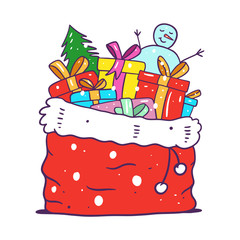 Merry Christmas. Santa gifts bag. Cartoon vector illustration. Isolated on white background.