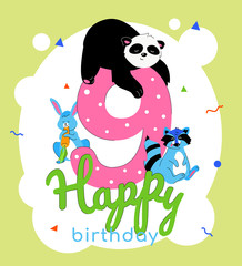 Children 9th birthday greeting card vector template