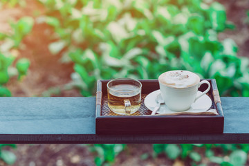 Hot coffee in a white cup and Chinese tea for a relaxing break for farmers in the afternoon on the terrace in the kale farm.
