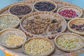 Luwak coffee, Kopi luwak is coffee that includes part-digested coffee cherries eaten and defecated by the Asian palm civet at coffee drying yard in Dalat, Vietnam.