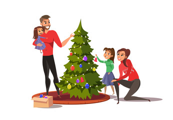 Family decorating Christmas tree flat illustration