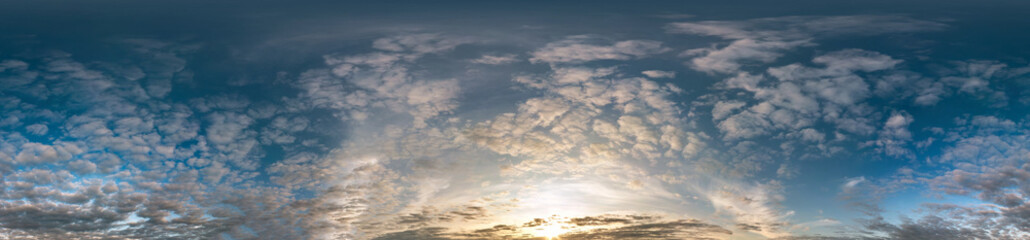 Fototapeta premium Seamless cloudy blue sky hdri panorama 360 degrees angle view with zenith and beautiful clouds for use in 3d graphics as sky dome