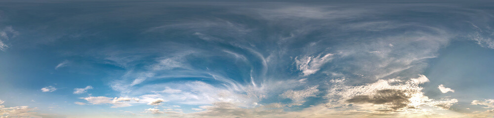 Seamless cloudy blue sky hdri panorama 360 degrees angle view with zenith and beautiful clouds for use in 3d graphics as sky dome