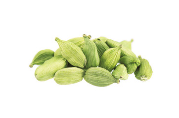 Cardamom pods isolated on white background. Green cardamon seeds. Clipping path.