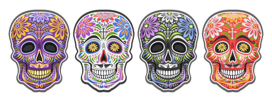 Vector set of Sugar Skulls for mexican Day of the Dead, collection of 4 cut out colorful human skulls with ethnic floral ornament for Dia de los Muertos carnival, cartoon smiling masks with mustache.