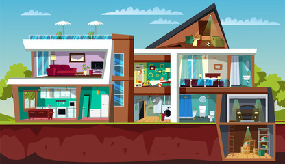 House cross section flat vector illustration