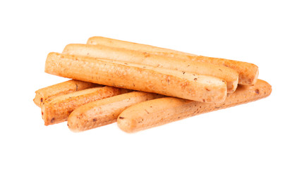 Fototapeta na wymiar Bread sticks isolated on white background. Grissini, Italian breadsticks with onions and herbs.