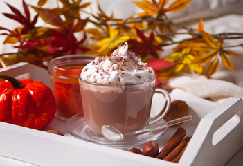 Cup of hot creamy cocoa with froth on the white tray with autumn leaves and pumpkins on the background