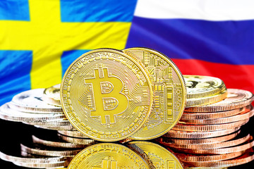 bitcoins on Sweden and Russia flag background
