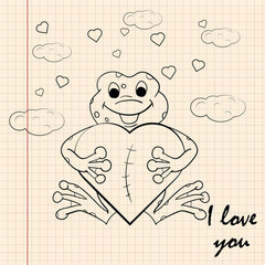contour childrens illustration little frog hugs heart with I love you drawn on a notebook in the box