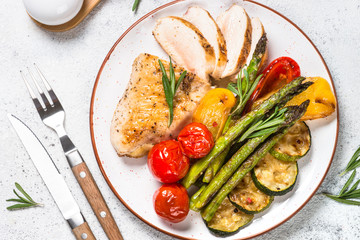 Chicken breast grilled with vegetables.
