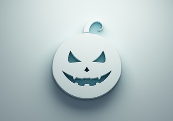 Halloween Pumpkin scary face isolated on light blue background. 3D render illustration. Paper like light blue colors