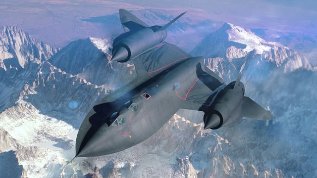 Lockheed SR-71 Blackbird. 2d animation of a two jet engine airplane without a tail covered with vapor and smoke flying high in the snowy mountains. The elements of this image furnished by NASA.