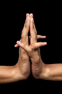 Pair of human hands isolated on black doing Matangi Yoga Mudra Gesture Of The Goddess Matangi, Vertical shot.
