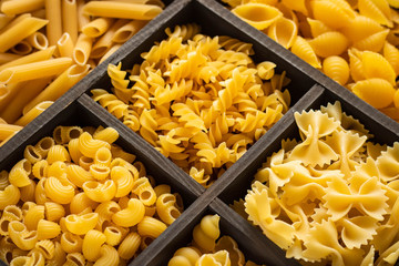 Different types of raw pasta. Italian food. Healthy food background concept.