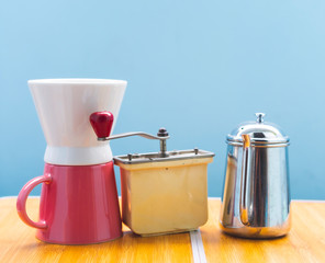Drip coffee maker, colorful, fresh blue background