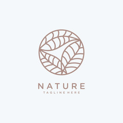 Tropical plant logo design template. Round emblem leaves in linear style. Vector abstract badge.