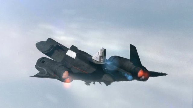 Lockheed SR-71 Blackbird animation back view of a two jet engine military airplane with fire flares behind and flying high in the cloudy sky in winter. The elements of this image furnished by NASA.