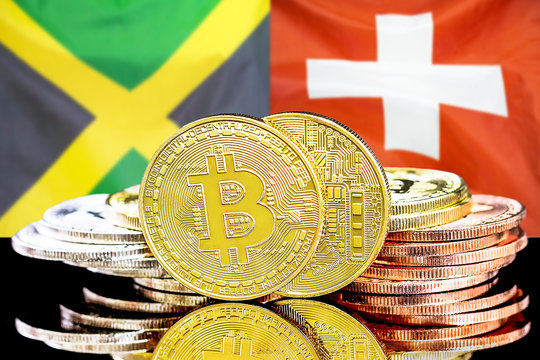 bitcoins on Jamaica and Switzerland flag background