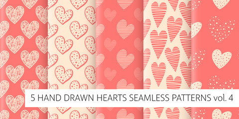 Set of 5 seamless patterns with hand drawn hearts, vector illustration for Valentine's Day greeting cards, wedding invitation, banners, backgrounds, textiles design.