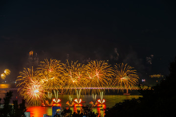 Naklejka premium Colorful firework festival at Gwangan Bridge in Gwangalli beach, Busan South Korea.