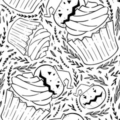 Halloween coloring book pattern with scary cupcakes, cream, bat, pumpkin. Holiday antistress for adults and children. Pattern for Holiday party
