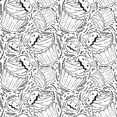 Halloween coloring book pattern with scary cupcakes, cream, bat, pumpkin. Holiday antistress for adults and children. Pattern for Holiday party