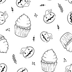 Halloween coloring book pattern with scary cupcakes, cream, pumpkin and bats. Antistress for adults and children