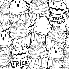 Halloween coloring page pattern. Background with halloween cupcakes, cream, bat, pumpkin, witch hat. Holiday antistress for adults and children. Pattern for Holiday party