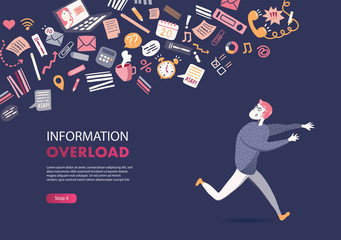 Concept of Information Overload, Digital hygiene, Stress. Overwhelmed person running away from the information stream wave pursuing him. Vector illustration in flat style.  - 292187718