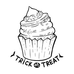 Halloween cupcake with cream, witch hat, lettering phrase: Trick or Treat. Coloring page for adult and children. Decorative cupcake for holidays