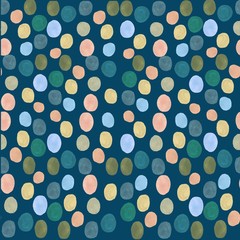 Watercolor pattern of multi-colored polka dots on a blue background. colored circles are hand-drawn with watercolor paints and are perfect for prints, backgrounds, decorative elements