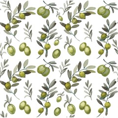 Watercolor pattern of olive branches and green olives berries on a white background is hand-drawn  and is suitable for prints, backgrounds, banners, cards, and other design and printing