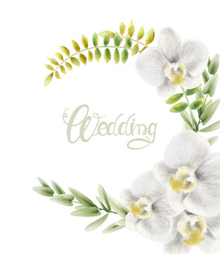 Watercolor white orchid flowers wreath bouquet background vector. Wedding gretting card