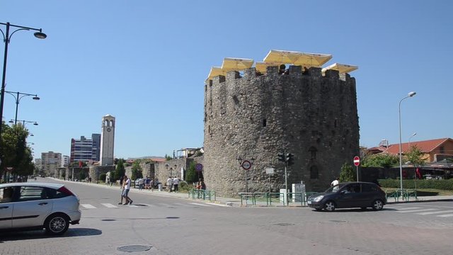 Fortress, Castle, old Ottoman walls and clock tower in centre of Elbasan, Albania. Panorama over the city. Elbasan is The third largest city in Albania and popular tourist destination.