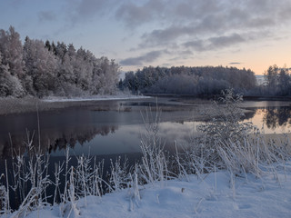 winter landscape with snow-covered trees, beautiful lake and glare