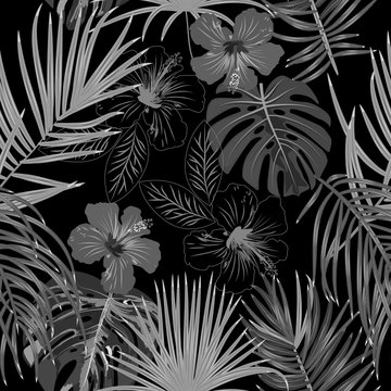 Vector tropical jungle seamless pattern with palm tree leaves