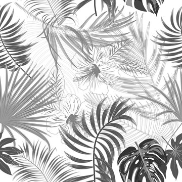 Vector tropical jungle seamless pattern with palm tree leaves