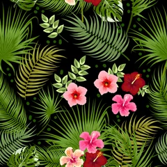 Foto op Plexiglas Vector tropical jungle seamless pattern with palm tree leaves © Artlu
