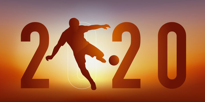 Carte de vœux 2020 sur le thème du sport, avec un joueur de football, qui frappe la balle du pied pour marquer un but.