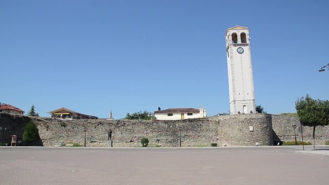 Fortress, Castle, old Ottoman walls and clock tower in centre of Elbasan, Albania. Panorama over the city. Elbasan is The third largest city in Albania and popular tourist destination.