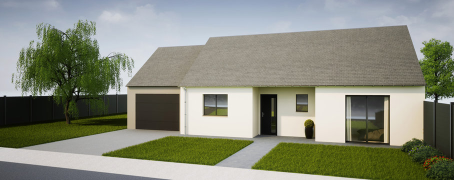 vue 3d maison de plain pied en lotissement 2