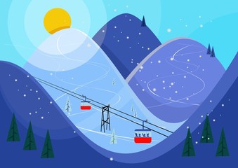 Fototapeta na wymiar Cool pastel Cartoon ski poster. The mountain resort with ski lifts, slopes.